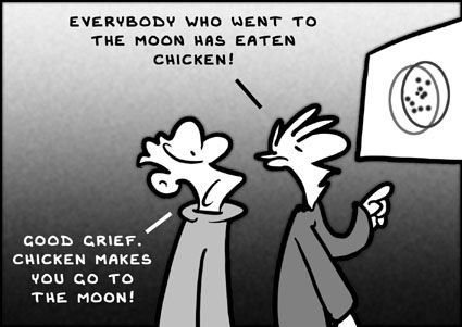 correlation vs causation, chicken makes you go to the moon